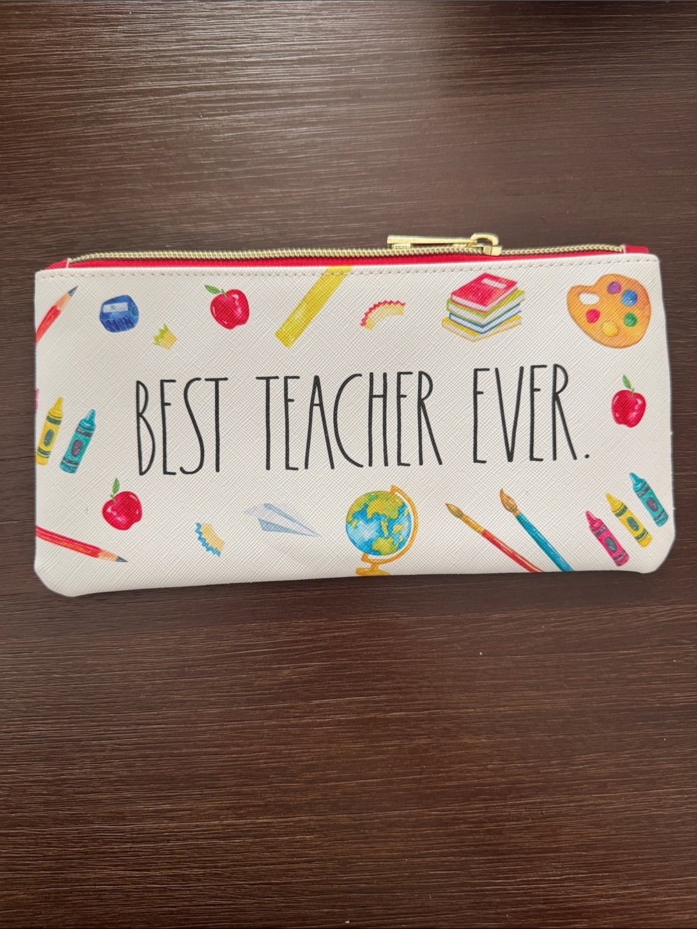 Rae Dunn "Best Teacher Ever" Pencil Pouch - White with Red, Blue, Yellow Accents